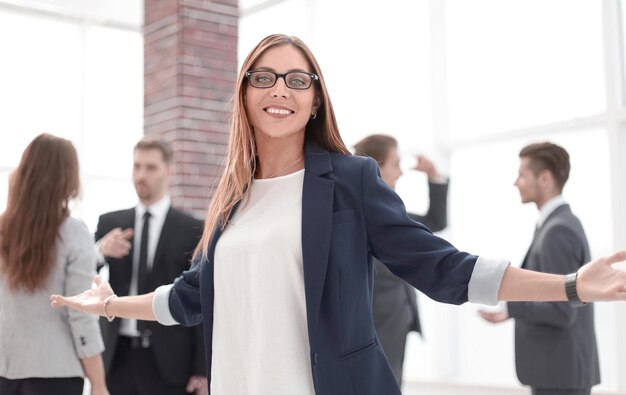 Greeting gesture business woman smiling