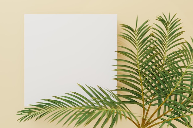 Greeting or invitation paper card mock up with palm tree leaf decorations Square invitation card mockup with palm tree on beige table