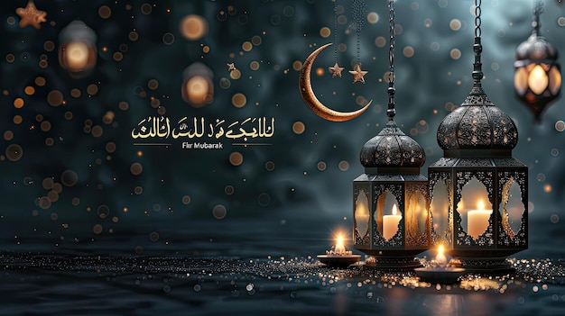 Photo a greeting islamic celebrationramadan and eid mubarak design with cresccard for the month of month