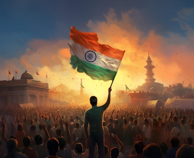 Greeting photo of indian independence day background indian crowd with flag illustaration