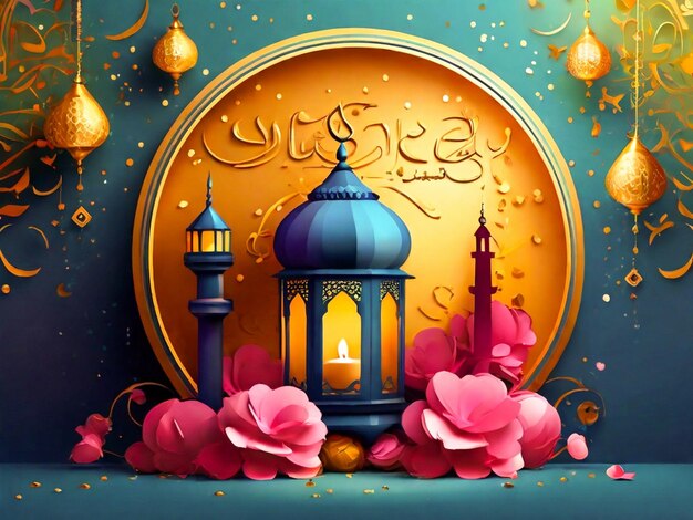 Greetings for Eid Mubarak with a colorful background