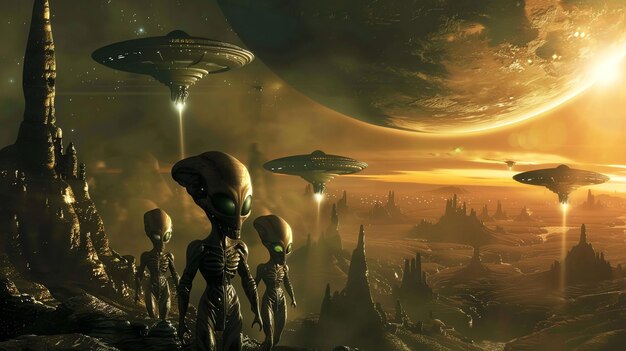 Photo grey aliens in a futuristic landscape with flying saucers