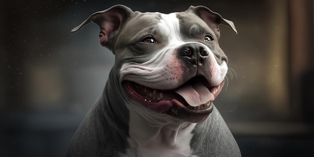 Grey american bully with a bit of white on the snout happy face Generated With AI