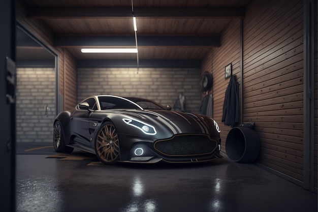 A grey aston martin car in a garage.