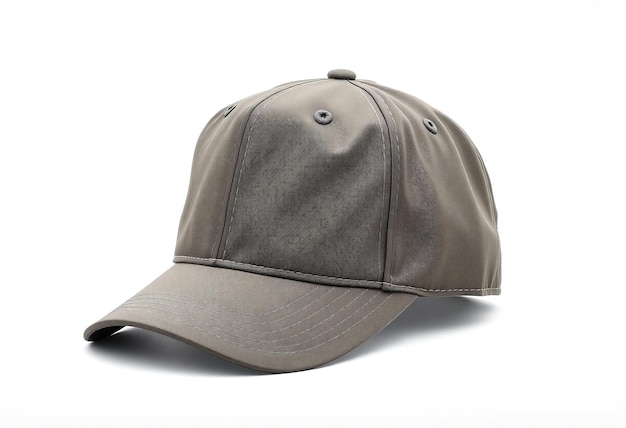 A grey baseball cap with a curved brim and a textured fabric