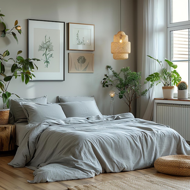 Photo grey bedding and a picture on the wall bedroom for video call