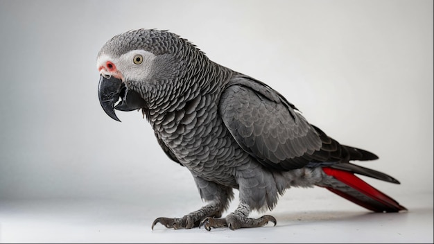 A grey and black parrot is standing on a white background