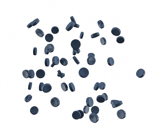 Grey Black plastic polymer granules on a white background 3d illustration