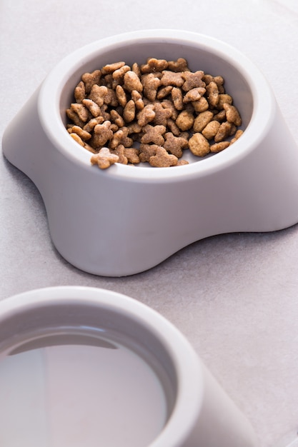 Grey bowl with dog Food and water