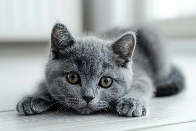 Photo grey british shorthair kitten lying down on the floor in isolation on a white background detailed p