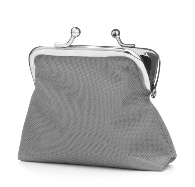 Grey cash wallet isolated on white background Charge purse Open empty coin wallet