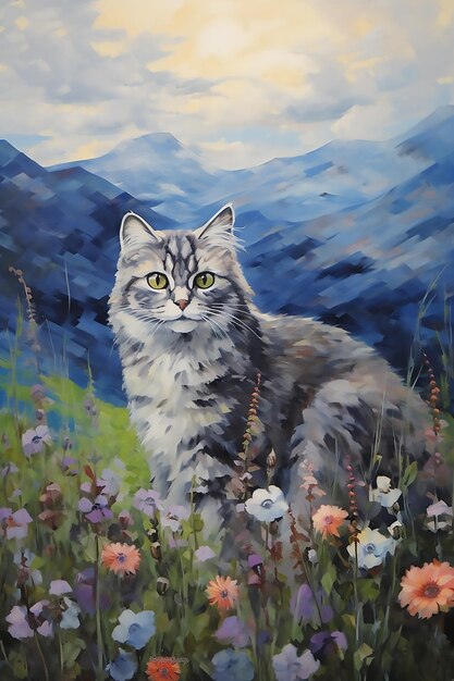 Photo grey cat on hilly landscape meadow in blue