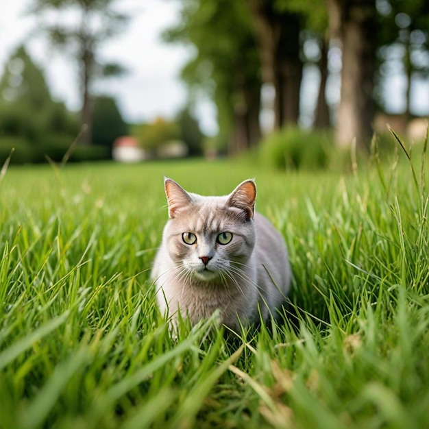 a grey cat is sitting in the grass with the word  on it