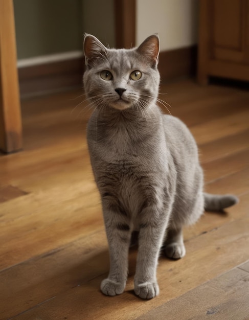 Photo a grey cat is sitting on a wooden floor with a blue collar