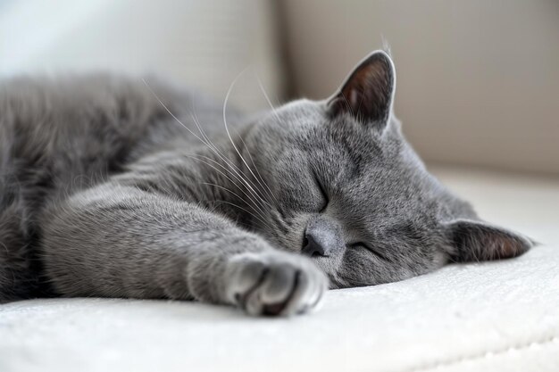 Photo a grey cat is sleeping on a couch with its eyes closed