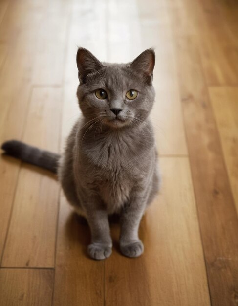 a grey cat sits on a wooden floor with a blue tail