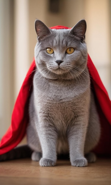 A grey cat sitting on top of a red cushion