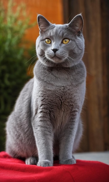 A grey cat sitting on top of a red cushion