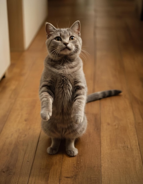 Photo a grey cat stands on a wooden floor and looks up at the camera