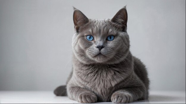 Photo a grey cat with blue eyes is laying on a table