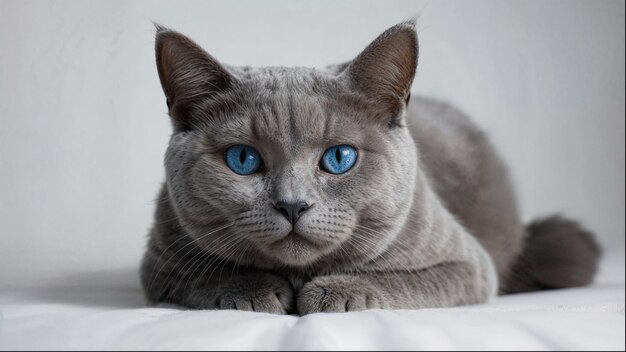 Photo a grey cat with blue eyes is laying on a white surface