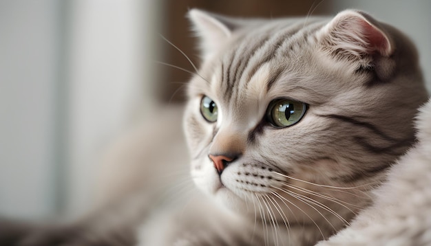 a grey cat with green eyes laying on a couch