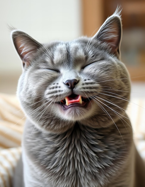 Photo grey cat with his mouth open is smirking