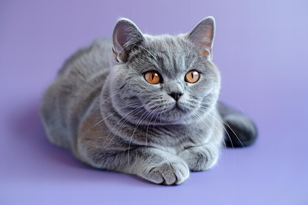 Photo a grey cat with orange eyes sits on a purple background