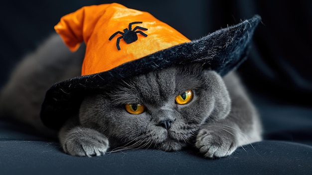 Photo grey cat with orange eyes wearing halloween hat spider