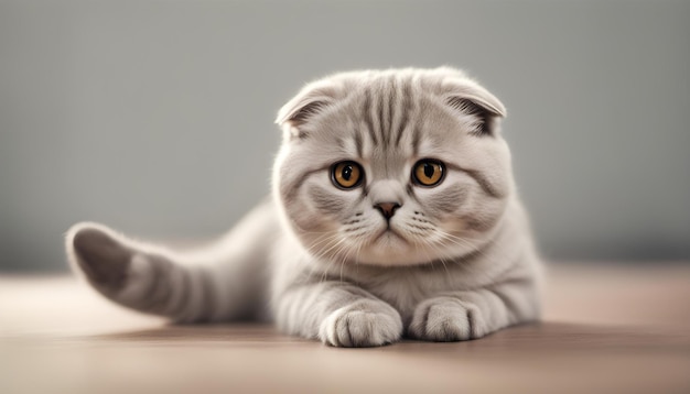 a grey cat with yellow eyes laying on a wooden floor