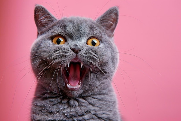 a grey cat with yellow eyes and a pink background