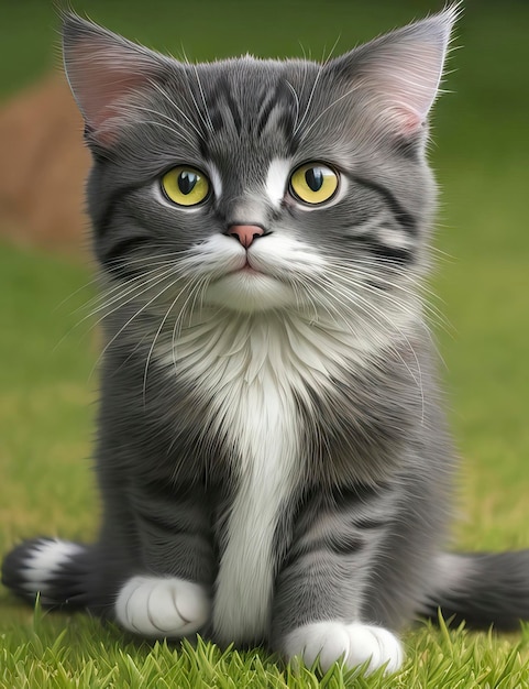 a grey cat with yellow eyes sits on the grass