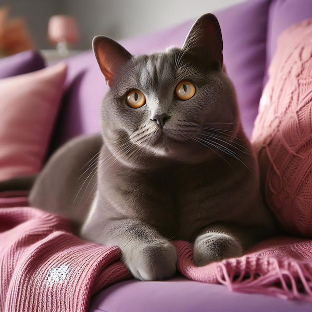 A grey cat with yellow eyes sits on a purple couch