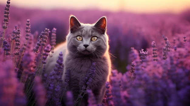 a grey cat with yellow eyes stands in a field of purple flowers