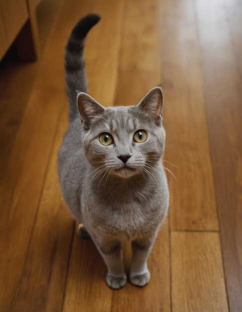 a grey cat with yellow eyes stands on a wooden floor