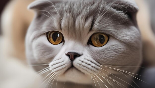 a grey cat with yellow eyes and a white nose