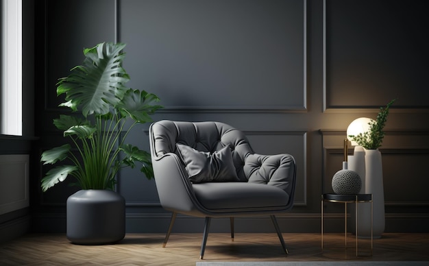 A grey chair in a living room with a plant.  home interior. ai generated