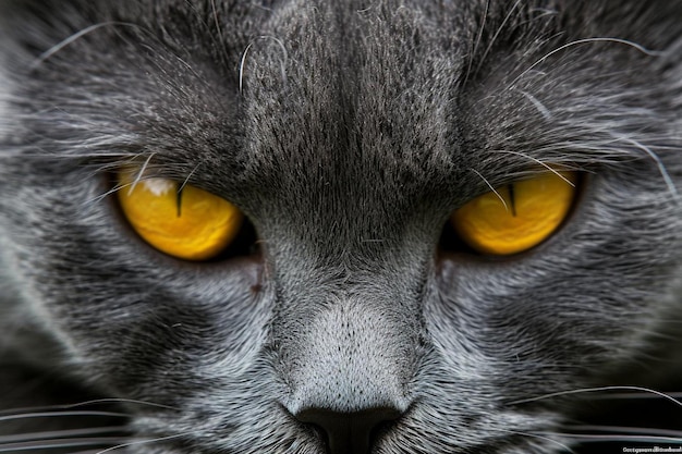 Grey chartreux cat with yellow eyes and angry look