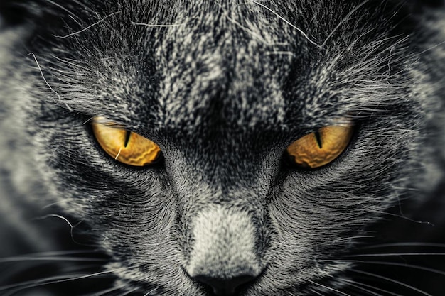 Grey chartreux cat with yellow eyes and angry look