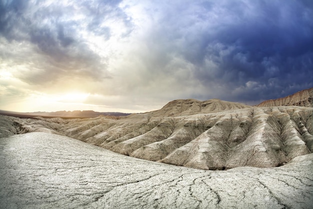 Grey Clay Mountains at sunset