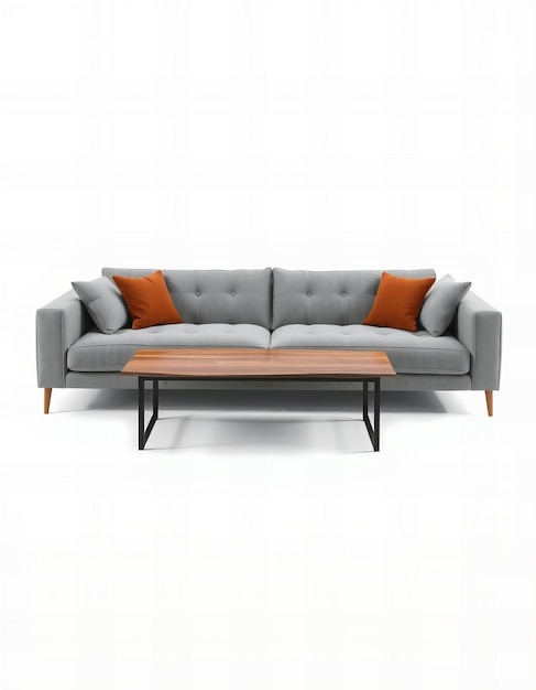 Photo a grey couch with orange pillows on it and a coffee table on the back