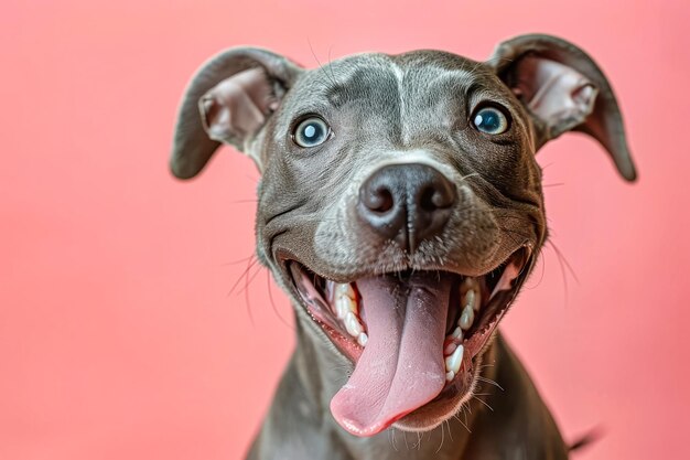 Photo a grey dogs joyful grin against a pink background