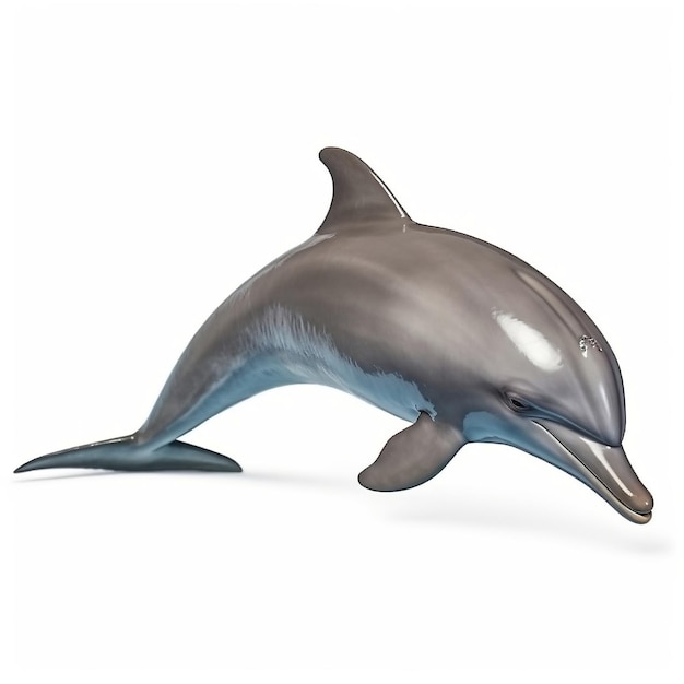 A grey dolphin with a white face and a white eye is on a white background.