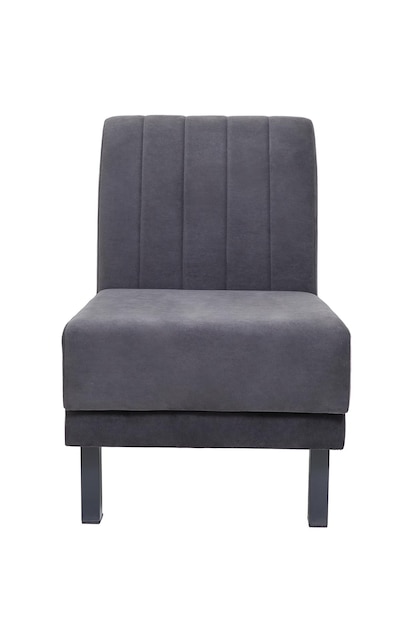 Grey fabric armchair with metal legs isolated on white background front view