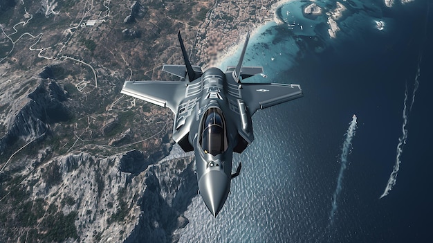 Grey fighter jet flying over the coast with blue ocean and coastal landscape in the background