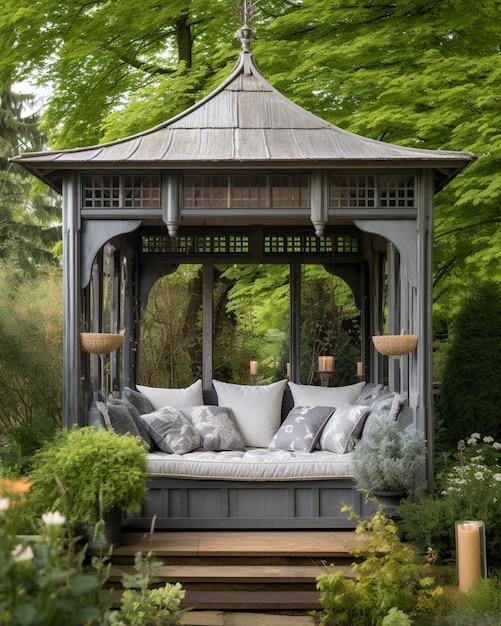 Photo grey garden gazebo with cushions