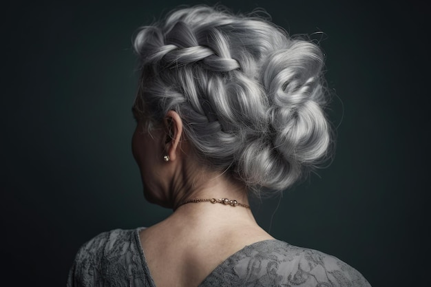 Grey Hair Styled In Braided Updo Back View Generative AI