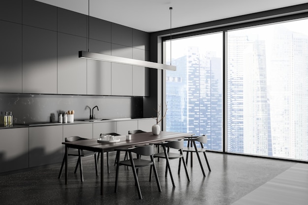 Grey home kitchen interior with dining and cooking corner panoramic window