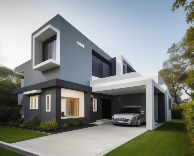 A grey house with a car parked in front of it