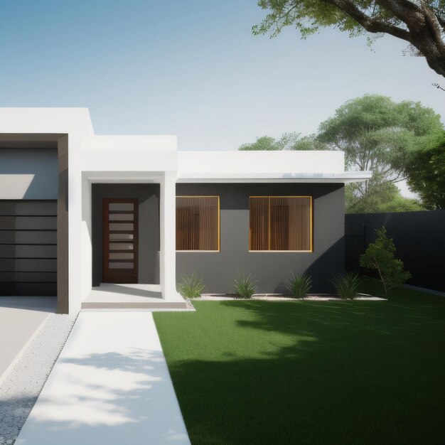 A grey house with a garage door and a black door.